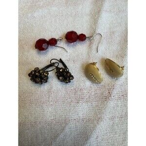 Lot of 3 Pairs‎ Vintage Earrings — Red Crystal Drop, Rhinestone Cluster Clip-On